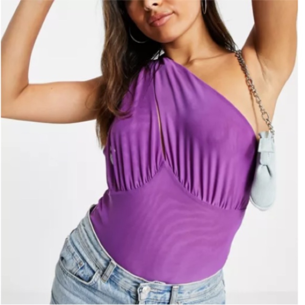 ASOS DESIGN one shoulder mesh bodysuit with cut out in purple. Size 14